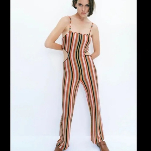 Zara Retro Rainbow Knit Wide-leg Jumpsuit with Side Cutouts Large - Picture 2 of 10